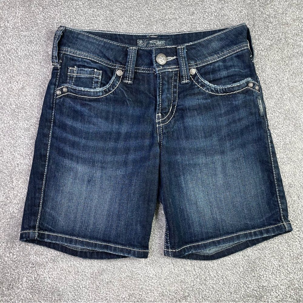 Silver Jeans Suki Mid Shorts Women's 25 Blue Low Rise 6" Inseam Dark Denim